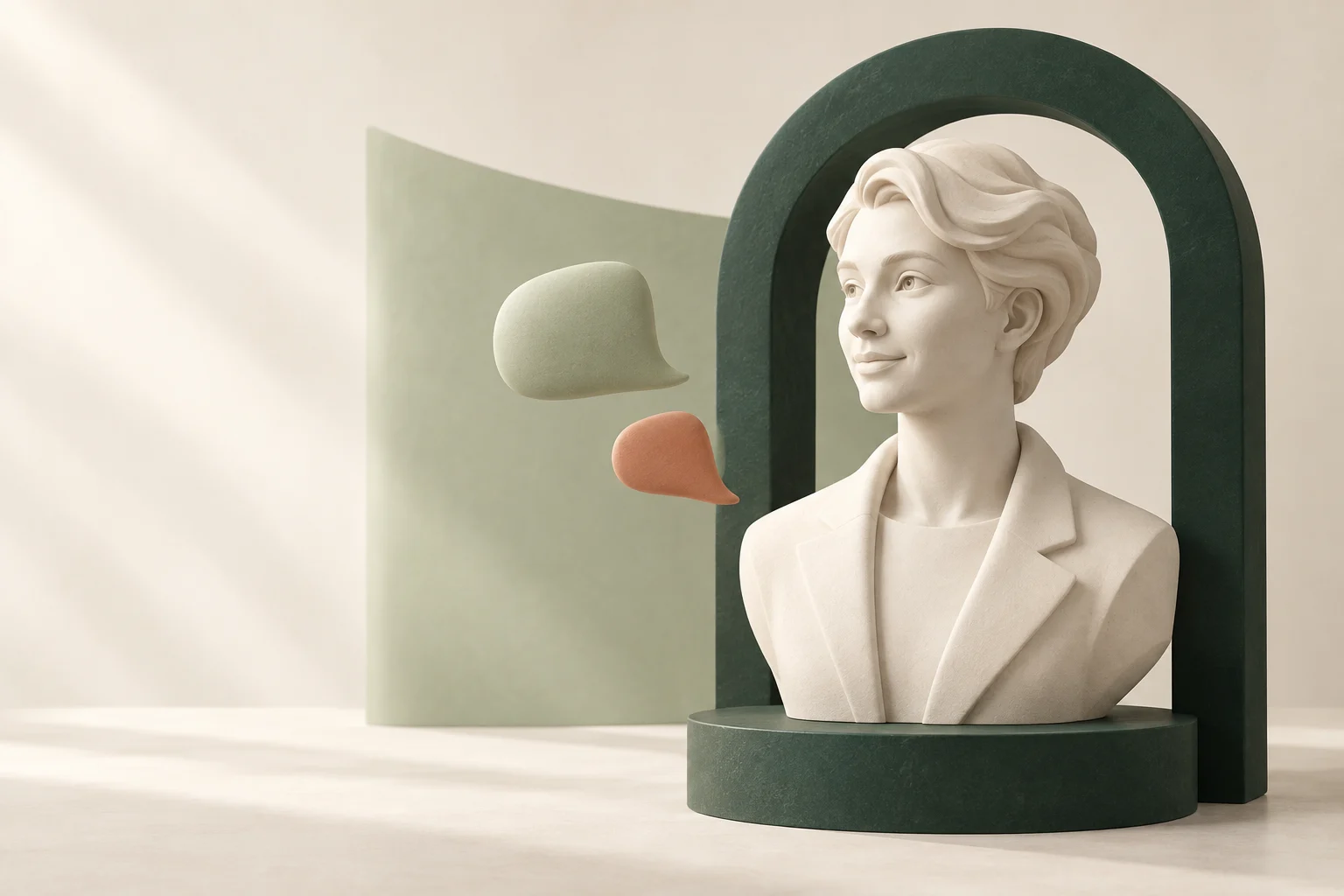 Illustrazione concettuale: un assistente scolpito in ceramica chiara, dentro un arco verde, accanto a forme che richiamano il dialogo.